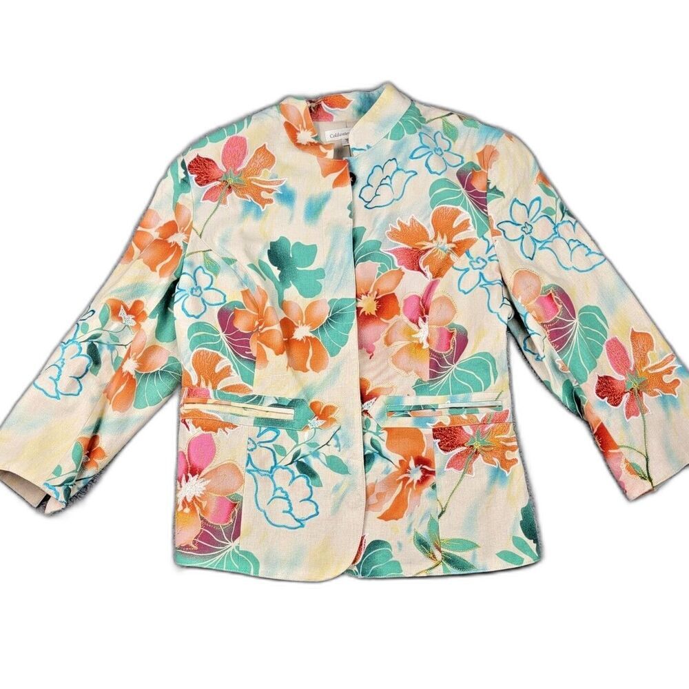 Coldwater Creek Blazer Ivory 10 Boho Embroidered Floral Linen Cotton Split Cuff